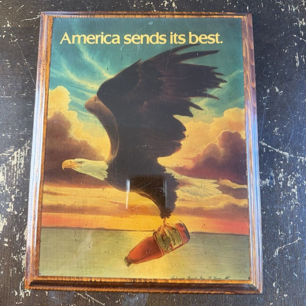 Vintage 1980s Budweiser Eagle “America Sends Its Best” Wood Wall Plaque Sign